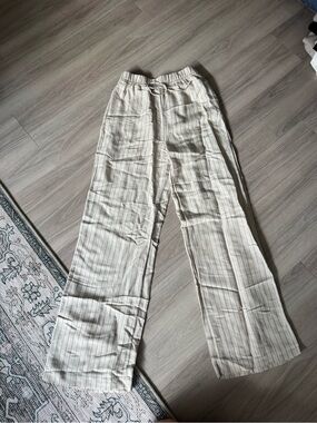 Light Cream Striped Wide-Leg Drawstring Linen Pants